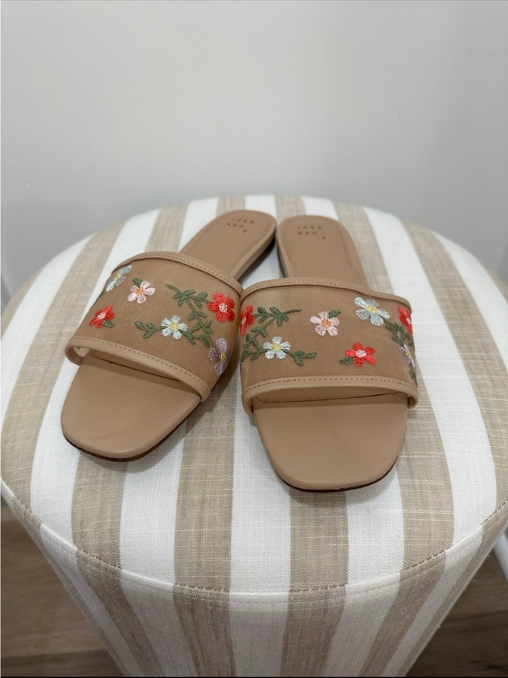 a new day Tan Slide Sandals with Multicolor Floral Embroidery